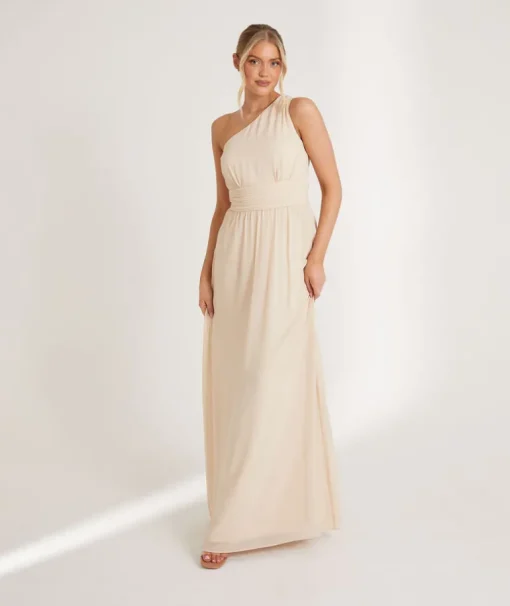 One Shoulder Pleated Waist Chiffon Bridesmaid Dress - Butter Cream