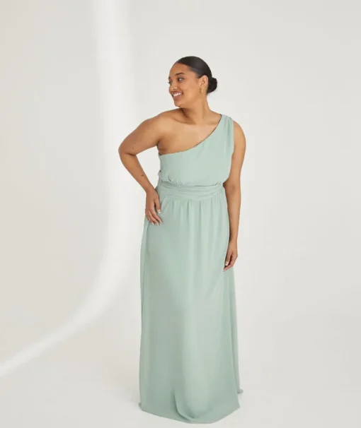 One Shoulder Pleated Waist Chiffon Bridesmaid Dress - Sage