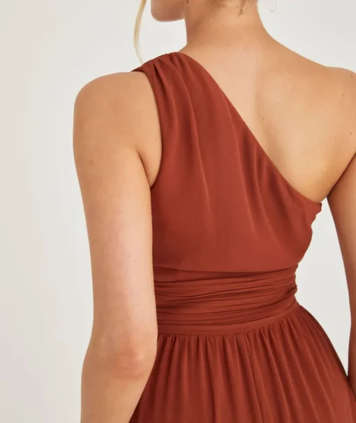 One Shoulder Pleated Waist Chiffon Bridesmaid Dress - Rust