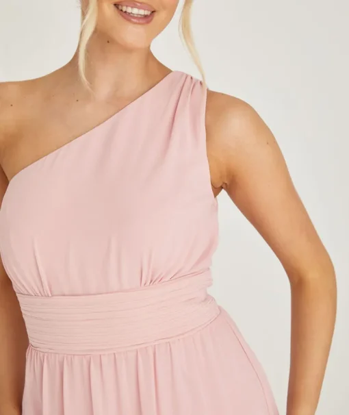 One Shoulder Pleated Waist Chiffon Bridesmaid Dress - Peony Pink