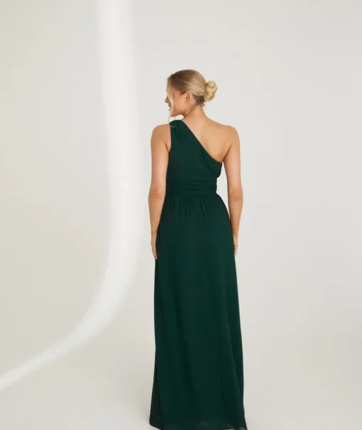 One Shoulder Pleated Waist Chiffon Bridesmaid Dress - Emerald