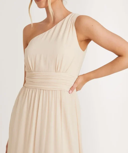 One Shoulder Pleated Waist Chiffon Bridesmaid Dress - Butter Cream