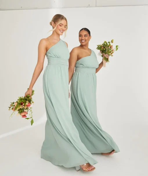 One Shoulder Pleated Waist Chiffon Bridesmaid Dress - Sage