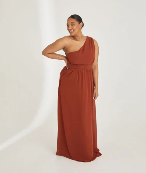 One Shoulder Pleated Waist Chiffon Bridesmaid Dress - Rust