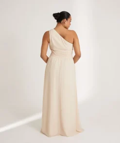 One Shoulder Pleated Waist Chiffon Bridesmaid Dress - Butter Cream