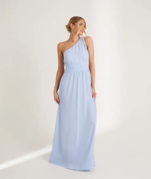 One Shoulder Pleated Waist Chiffon Bridesmaid Dress - Cornflower Blue