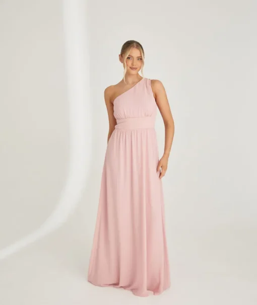 One Shoulder Pleated Waist Chiffon Bridesmaid Dress - Peony Pink