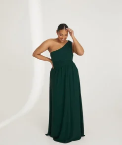 One Shoulder Pleated Waist Chiffon Bridesmaid Dress - Emerald