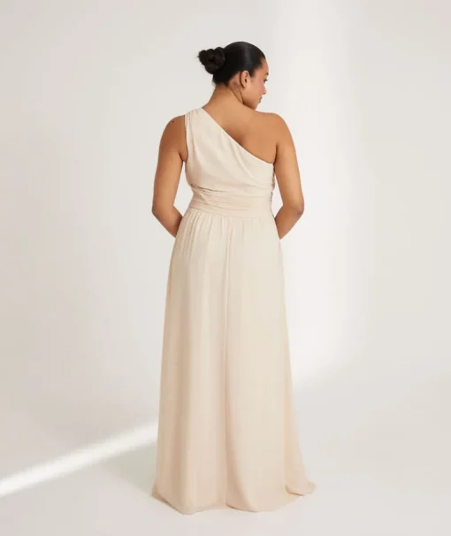 One Shoulder Pleated Waist Chiffon Bridesmaid Dress - Butter Cream