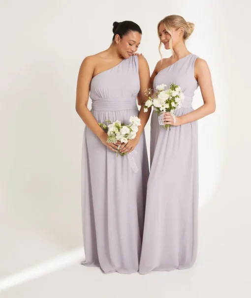 One Shoulder Pleated Waist Chiffon Bridesmaid Dress - Dusty Lilac