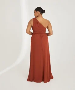 One Shoulder Pleated Waist Chiffon Bridesmaid Dress - Rust