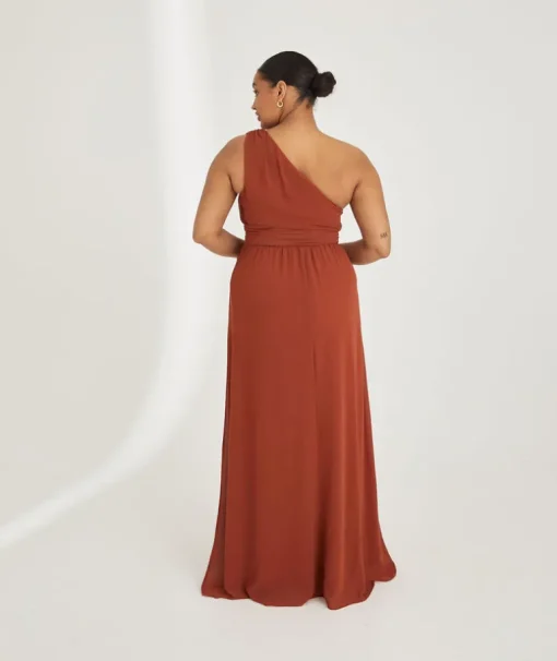 One Shoulder Pleated Waist Chiffon Bridesmaid Dress - Rust