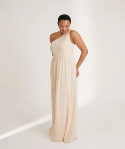 One Shoulder Pleated Waist Chiffon Bridesmaid Dress - Butter Cream