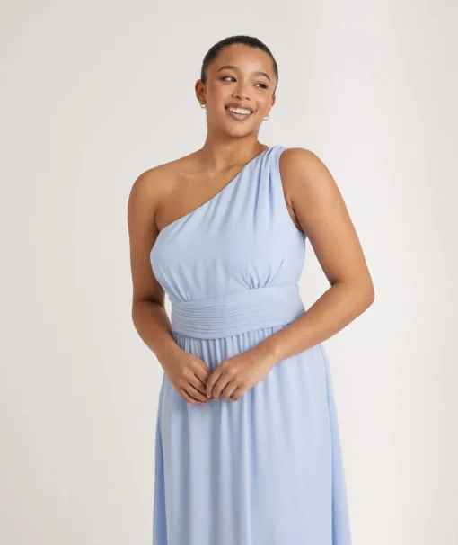 One Shoulder Pleated Waist Chiffon Bridesmaid Dress - Cornflower Blue