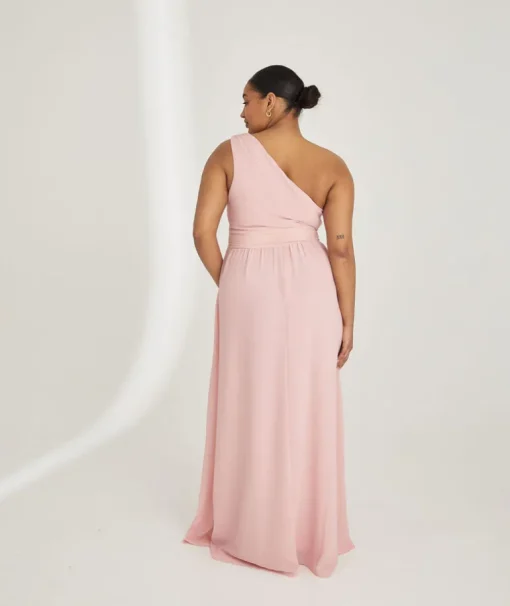 One Shoulder Pleated Waist Chiffon Bridesmaid Dress - Peony Pink