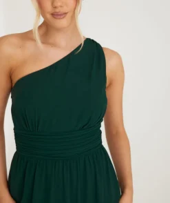 One Shoulder Pleated Waist Chiffon Bridesmaid Dress - Emerald