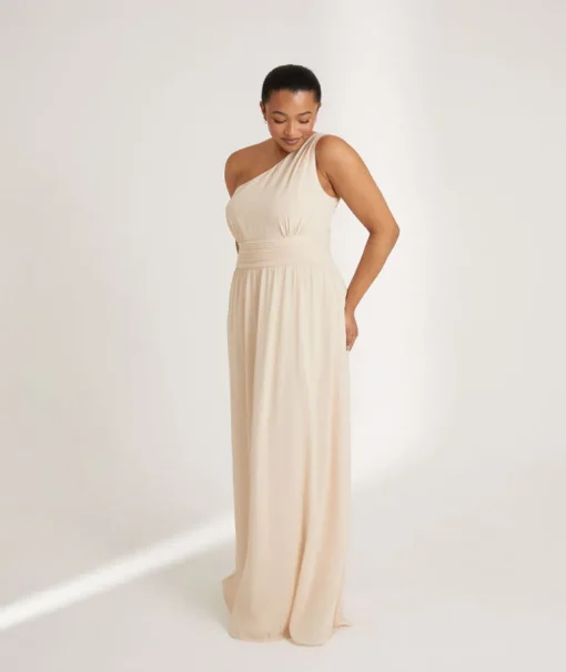 One Shoulder Pleated Waist Chiffon Bridesmaid Dress - Butter Cream