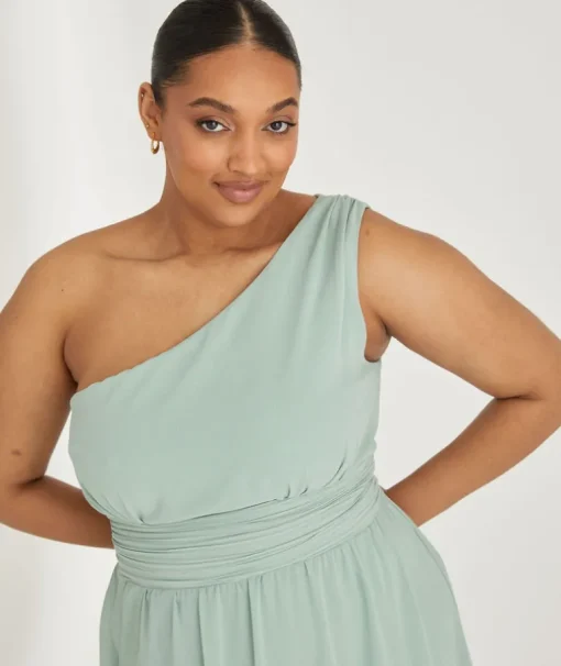 One Shoulder Pleated Waist Chiffon Bridesmaid Dress - Sage