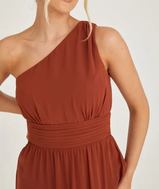 One Shoulder Pleated Waist Chiffon Bridesmaid Dress - Rust