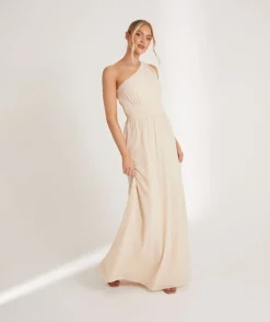 One Shoulder Pleated Waist Chiffon Bridesmaid Dress - Butter Cream