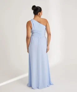 One Shoulder Pleated Waist Chiffon Bridesmaid Dress - Cornflower Blue