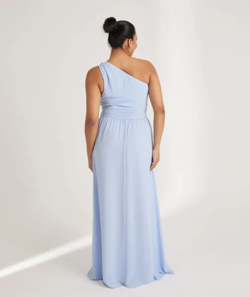 One Shoulder Pleated Waist Chiffon Bridesmaid Dress - Cornflower Blue