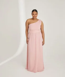 One Shoulder Pleated Waist Chiffon Bridesmaid Dress - Peony Pink