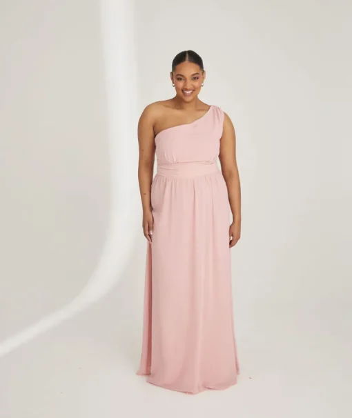 One Shoulder Pleated Waist Chiffon Bridesmaid Dress - Peony Pink