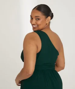 One Shoulder Pleated Waist Chiffon Bridesmaid Dress - Emerald