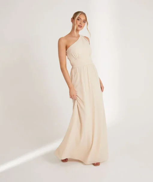 One Shoulder Pleated Waist Chiffon Bridesmaid Dress - Butter Cream