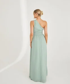 One Shoulder Pleated Waist Chiffon Bridesmaid Dress - Sage