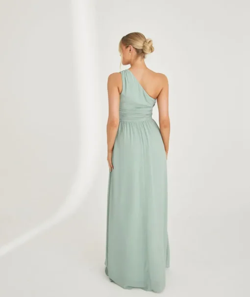 One Shoulder Pleated Waist Chiffon Bridesmaid Dress - Sage