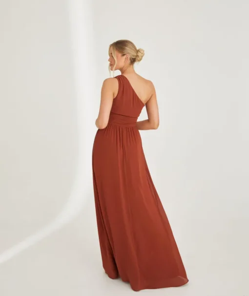 One Shoulder Pleated Waist Chiffon Bridesmaid Dress - Rust