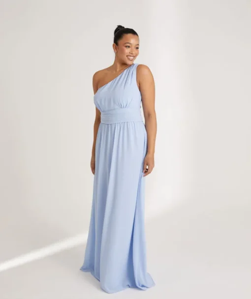 One Shoulder Pleated Waist Chiffon Bridesmaid Dress - Cornflower Blue
