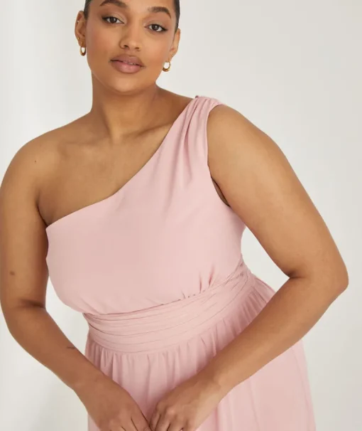 One Shoulder Pleated Waist Chiffon Bridesmaid Dress - Peony Pink