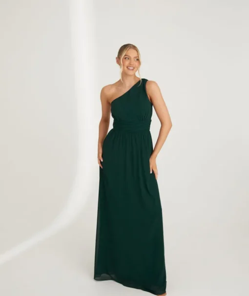 One Shoulder Pleated Waist Chiffon Bridesmaid Dress - Emerald