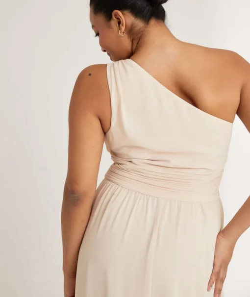 One Shoulder Pleated Waist Chiffon Bridesmaid Dress - Butter Cream