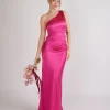 One Shoulder Ruched Satin Bridesmaid Dress - Fuchsia Pink