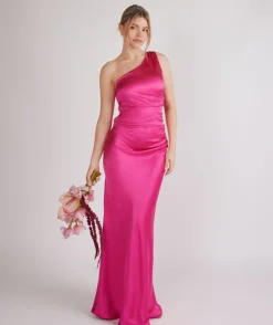 One Shoulder Ruched Satin Bridesmaid Dress - Fuchsia Pink