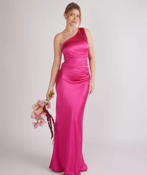 One Shoulder Ruched Satin Bridesmaid Dress - Fuchsia Pink