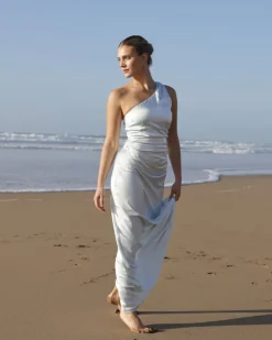 One Shoulder Ruched Satin Bridesmaid Dress - Ice Blue