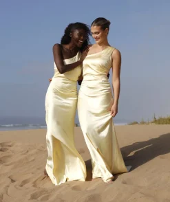One Shoulder Ruched Satin Bridesmaid Dress - Butter Lemon