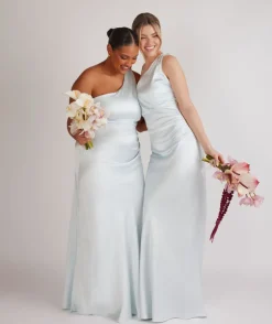 One Shoulder Ruched Satin Bridesmaid Dress - Ice Blue