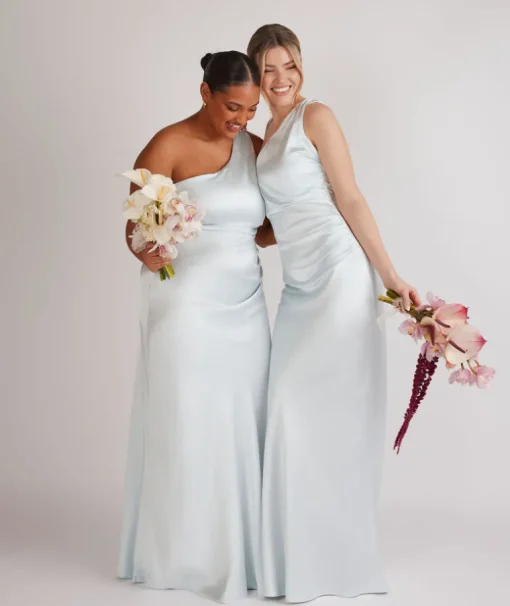 One Shoulder Ruched Satin Bridesmaid Dress - Ice Blue