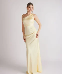 One Shoulder Ruched Satin Bridesmaid Dress - Butter Lemon