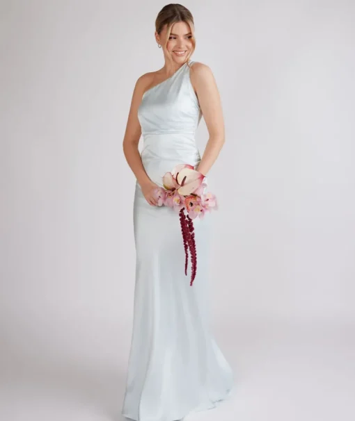 One Shoulder Ruched Satin Bridesmaid Dress - Ice Blue