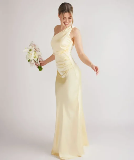 One Shoulder Ruched Satin Bridesmaid Dress - Butter Lemon