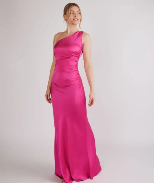 One Shoulder Ruched Satin Bridesmaid Dress - Fuchsia Pink