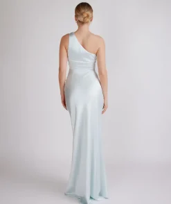 One Shoulder Ruched Satin Bridesmaid Dress - Ice Blue