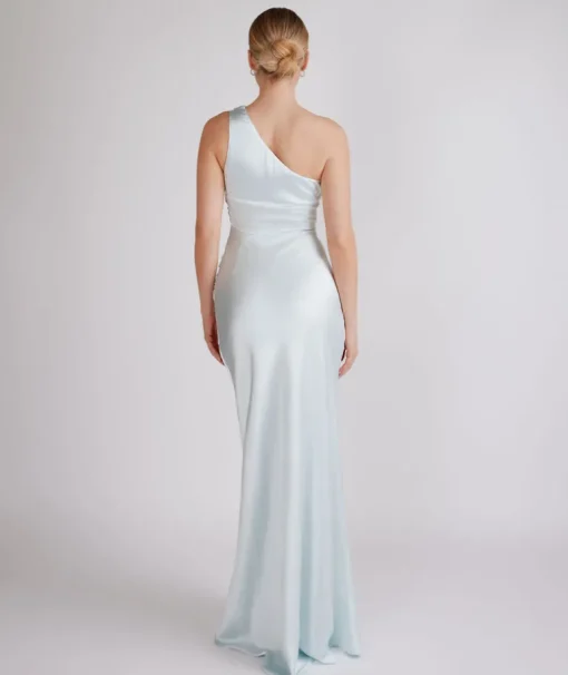 One Shoulder Ruched Satin Bridesmaid Dress - Ice Blue